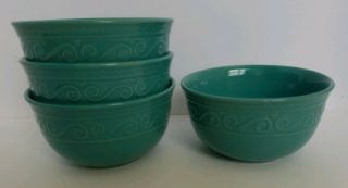 Royal Norfolk Set Of 4 Teal Turquoise Soup/cereal Bowls Embossed Scrolls