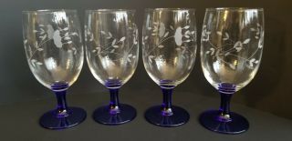 Set Of 4 Princess House Heritage Glasses Colbalt Blue Stems Ice Tea Water Goblet