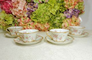 4 Antique Haviland Limoges Porcelain Cups & Saucers Pink Roses Double Gold