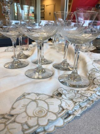 Antique - Vintage Crystal Liquor Sherbet Champagne Glasses Etched - Cut Set Of 6