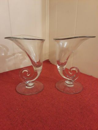 2 Clear Glass Cornucopia / Horn Of Plenty Vase 9 "