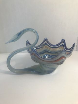Vintage Mid Century Large Murano Blue Orangr Swirl Glass Swan Bowl