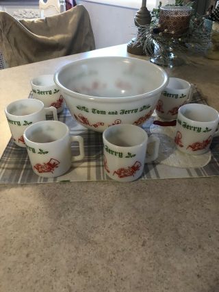 Vintage Hazel Atlas Tom And Jerry Punch Bowl Set With 6 Handled Cups