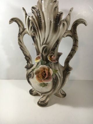 Capodimonte Porcelain Two Handle Vase Applied Roses Vintage Italy 16” Tall