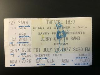 Jerry Garcia Band Ticket Stub,  Theatre 1859 San Francisco,  July 29,  1977 Rare