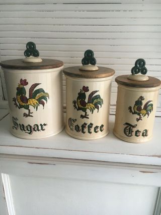 Set Of 3 Metlox Pottery Poppy Trail Green Rooster Canisters Sugar Coffee Tea Euc