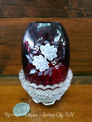 Fenton Ruby Red Artist Signed Hand Painted Glass Fairy Lamp Light