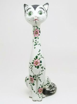 Vintage Mid - Century Italian Ceramic 15 " Long Neck Cat Hand Painted Floral Vine
