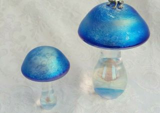 Heron Glass Blue Mushrooms - Largest With Sitting Frog - Gift Box - Made In Uk