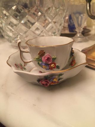 Lovely Antique Dresden Meissen Miniature Demi Tea Cup & Saucer With Flowers Rare