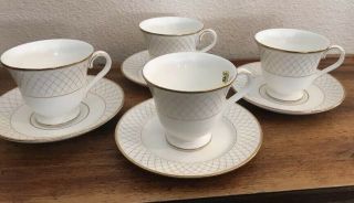 Waterford Fine English China Crosshaven Gold Set Of 4 Footed Tea Cups & Saucers