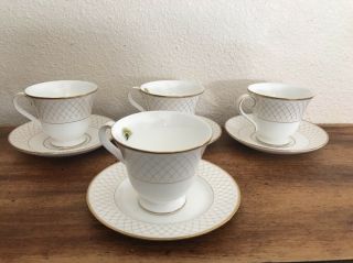 Waterford Fine English China Crosshaven Gold Set Of 4 Footed Tea Cups & Saucers 8