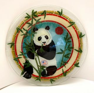 Rare 8 " Peggy Karr Panda Fused Glass Plate - Handcrafted 2002 San Diego Zoo