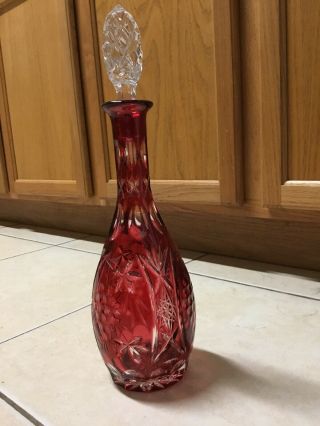 Nachtmann Traube Crystal Cranberry Red Cut To Clear Decanter With Stopper 14 3/4