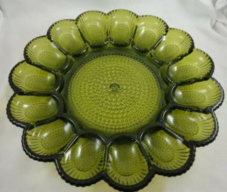 Vintage Green Indiana Glass Deviled Egg Plate - Beaded Hobnail