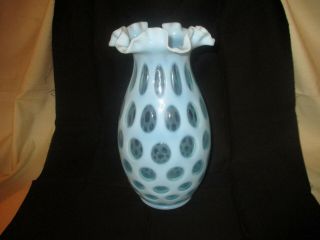 Vintage Fenton Glass Blue Opalescent Coin Dot 10 " Vase