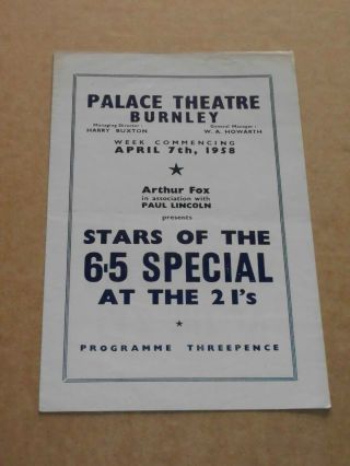 Wee Willie Harris/tony Crombie 1958 Uk Palace Theatre,  Burnley Programme