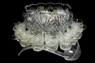 Vintage L.  E.  Smith Glass Co.  Punch Bowl Set Tropical Design W/ 18 Cups Ladle