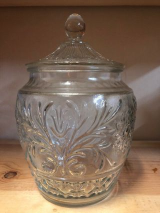 Anchor Hocking 10 " Biscuit Cookie Jar With Lid / Clear Sandwich Glass Canister
