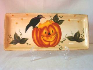 1990s Tabletops Lifestyles Halloween Wonderland Hand Painted Pumpkin & Crow Tray