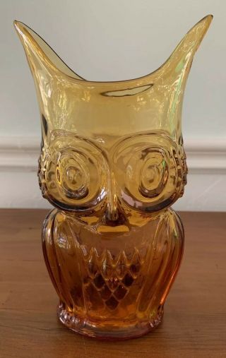 Retro Vintage Blown Glass Owl Vase In Amber By Viking Art Glass