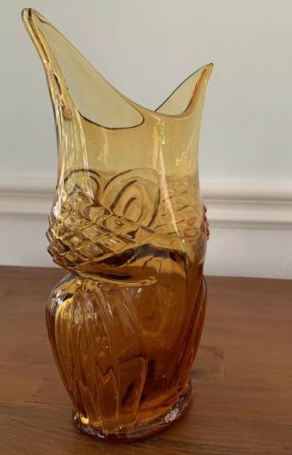 Retro Vintage Blown Glass Owl Vase In Amber By Viking Art Glass 4