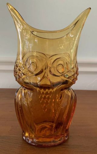 Retro Vintage Blown Glass Owl Vase In Amber By Viking Art Glass 5