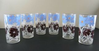 6 Vintage Retro Drinking Glasses Blue Flower Cosmos Pattern Tumblers 4.  75 " Tall