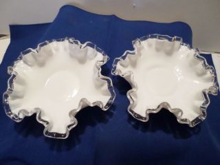 Vintage 2 Fenton White Milk Glass Silver Crest Clear Ruffled Edge Bowls 6 "