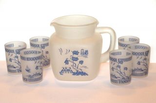 Frosted Blue Willow Ware Juice Pitcher And 6 Glasses Hard To Find