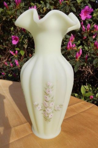 Artist Signed Fenton Art Glass Vase Custard Large Hand Painted 11.  25 "