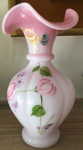 Fenton Hand Painted Pink Peony And Calla Lilly Signed Vase 8 1/2
