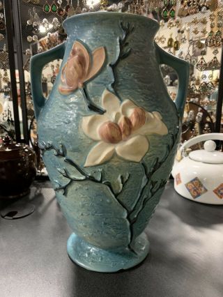 1943 Roseville Pottery Blue Magnolia Pattern Floor Vase / Urn 97 - 14 " Tall