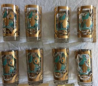 8 Vintage Mid - Century Rubel High Ball Glass Tumblers Turquoise Gold Trojan Horse