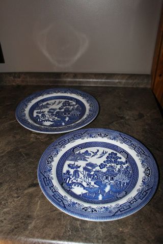 Churchill Blue Willow Pattern Two Dinner Plates 10 1/2 " Diam.  Made In England