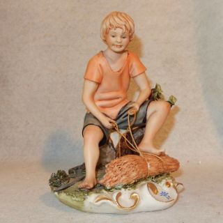Vintage Porcelain Capodimonte Figure Boy W/wheat Carlo Bisque Signed Figurine