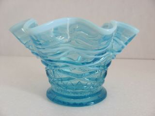 Dugan Glass Rose Bowl Vase Blue Opalescent Lattice Points Vining Twigs 1930’s