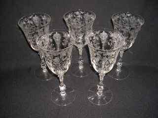 5 Cambridge Rose Point Rosepoint 3121 Stemmed Water Goblets 8.  25 Inch