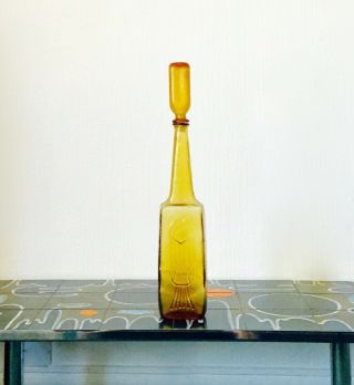 Vintage Empoli Italy Amber Yellow Glass Genie Bottle Brutalist Fish Design