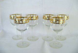 6 Vintage Culver 5.  75 " Valencia Wine Goblets,  Glasses,  22k Gold,  Green Diamonds
