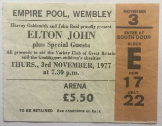 Elton John Concert Ticket Empire Pool Wembley London 1977