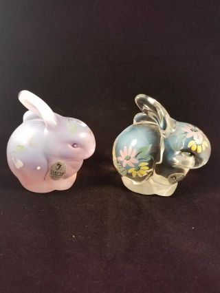 Two Fenton Glass Bunny Rabbits Hand Painted Artist Signed Clear Pink Opalescent