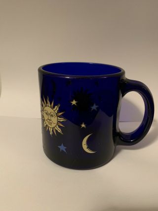 Libby Libbey Cobalt Blue Celestial Sun Moon And Stars Glass Mug
