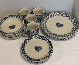 Vintage Folk Craft Hearts Spongeware Pottery Tienshan 16 Pc Set Dinnerware Set