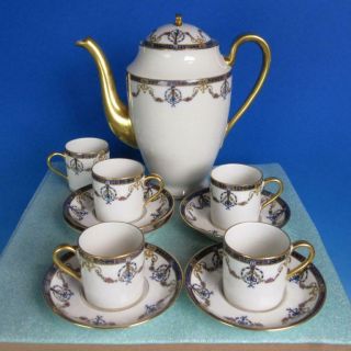 Elite Limoges China - Torches Floral Swags - Coffee Pot,  5 Demitasse Cups Saucer