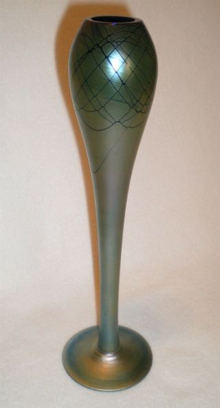 Steven Maslach Art Glass Cobalt Blue Iridescent Aurene Tulip Vase 11 " Tall