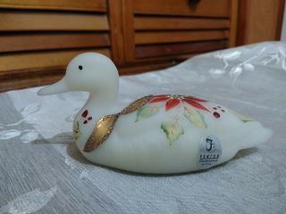 Fenton Satin Glass Poinsettia Hand Painted Duck Signed J Powell Foil Label