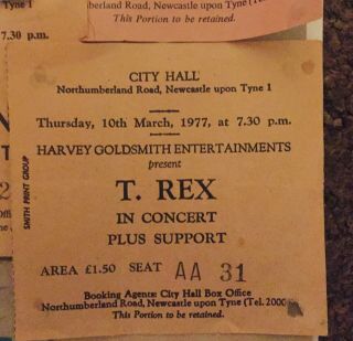 T Rex Concert Ticket Newcastle 1977