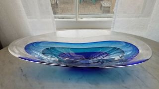 Exquisite 16 " Blue Hand Blown Oval Glass Bowl Dish Signed.  Great Gift