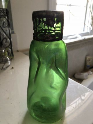 Rare Antique Loetz Green Stretch Glass Iridescent Vase 8”